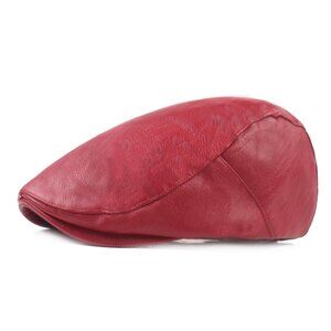 Red Men's Faux Leather Newsboy Ivy Flat Cap Driver Hat Vintage Golf Cabby Style
